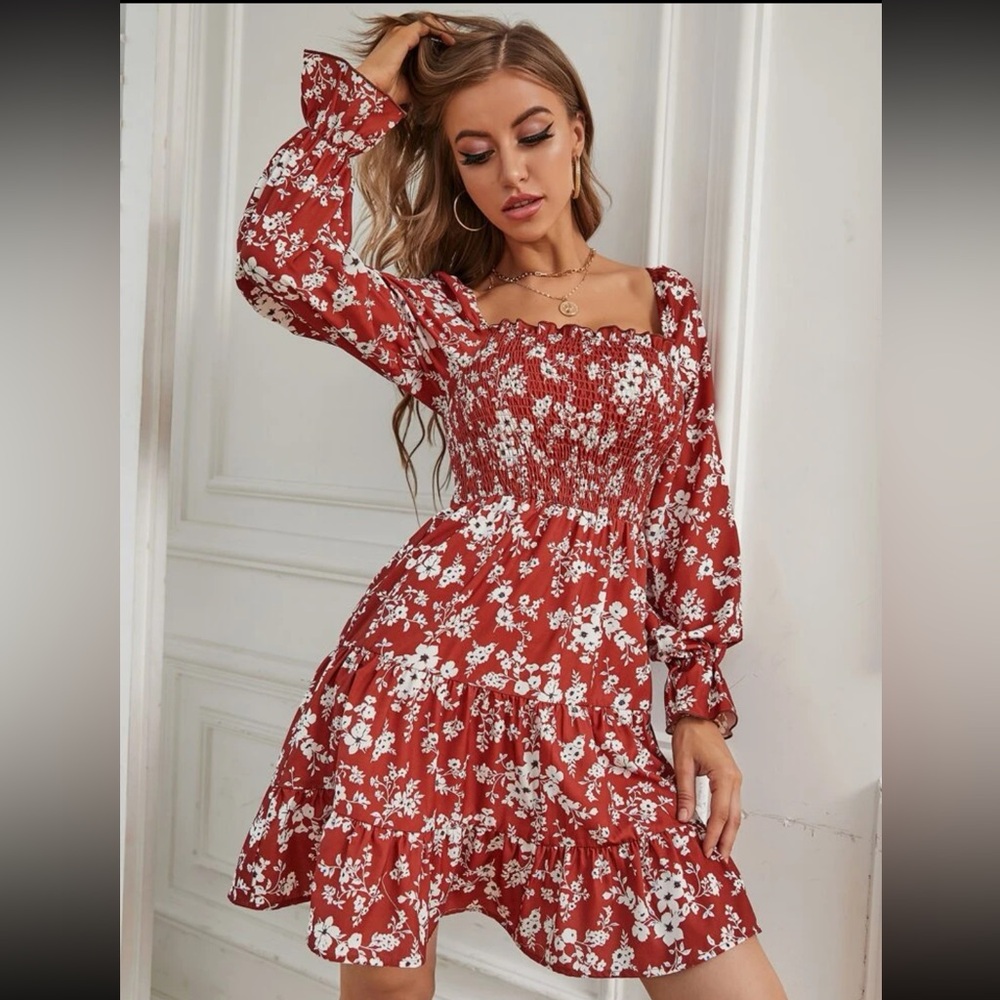 SHEIN Red Floral Smocked Long Sleeve Mini Dress